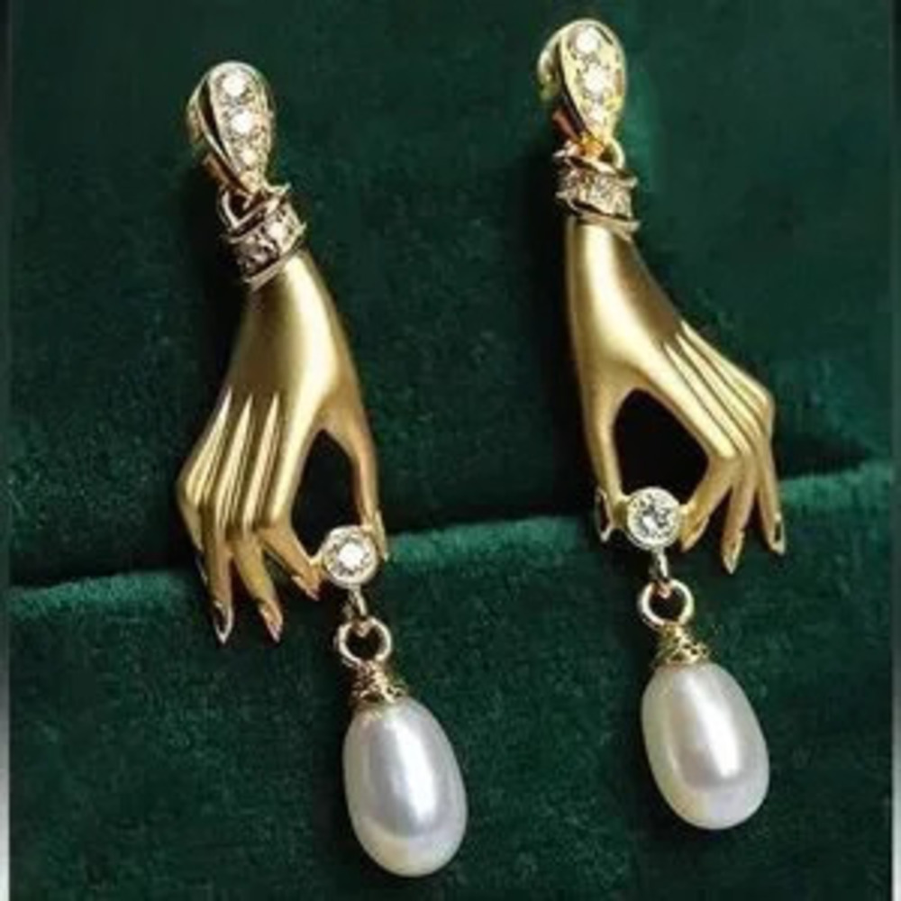 Victorian Gold Hand-Shaped Earrings with Pearls